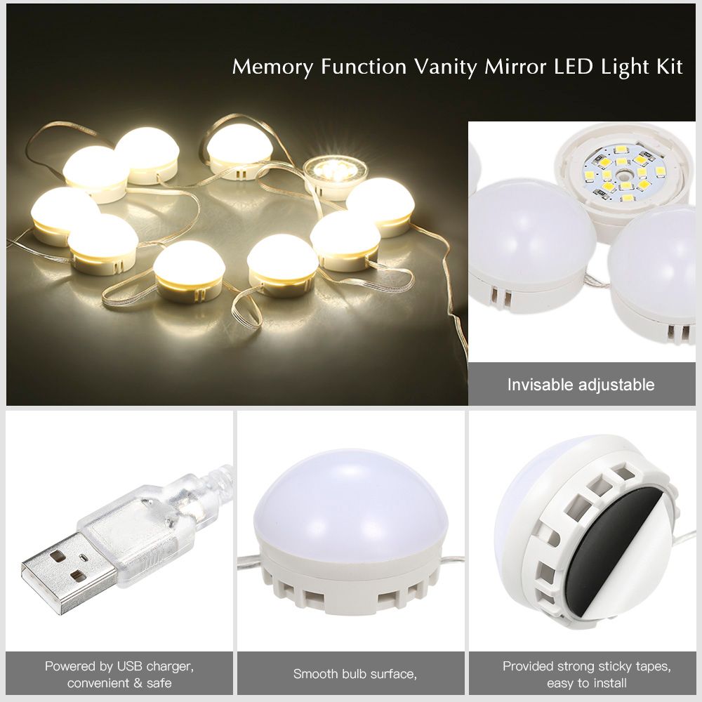 10 Led Vanity Mirror Lights Kit With Dimmable Light Bulbs Lighting Fixture Strip For Makeup Table Set In Usb Port