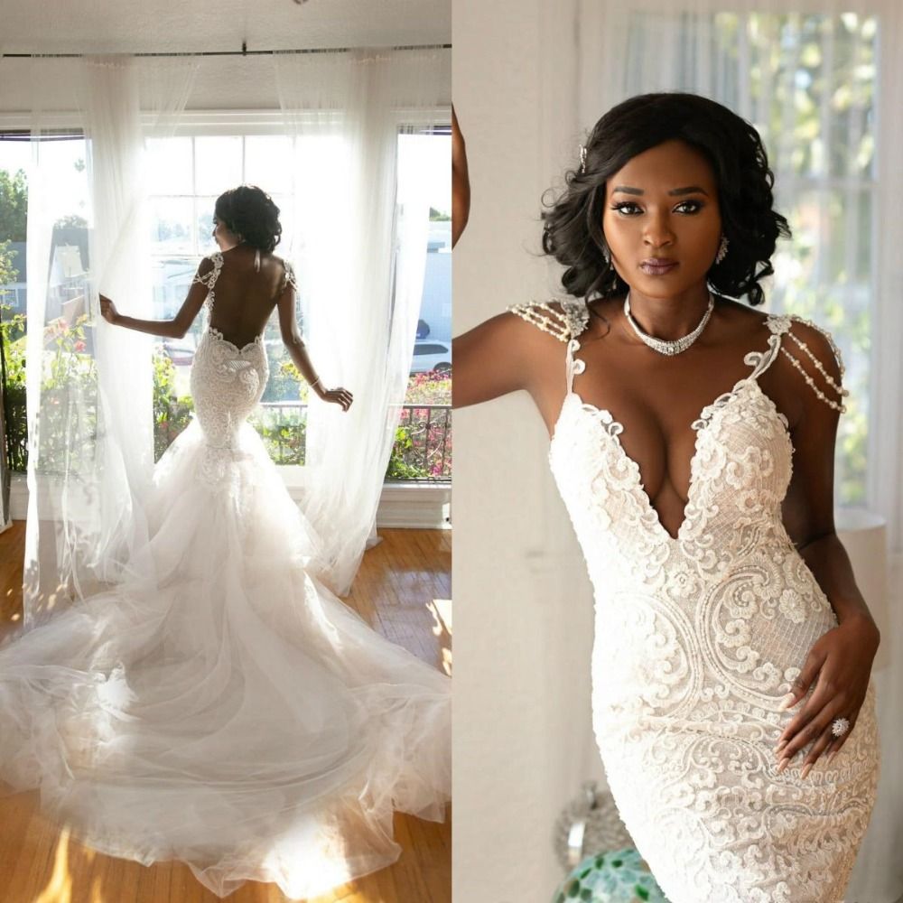 Black Girls Mermaid Wedding  Dresses  2022 Lace Appliques 