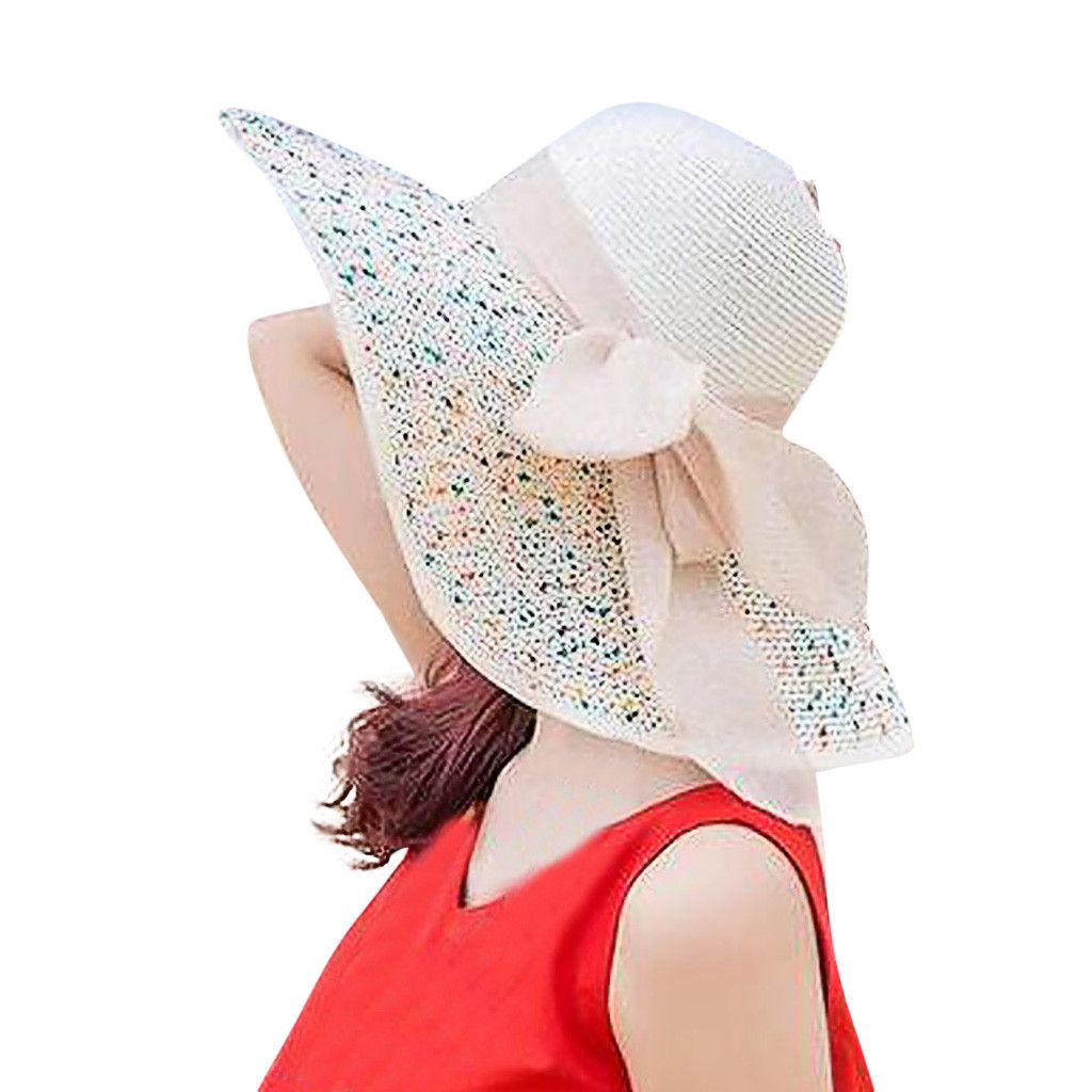 Woman Big Straw Hat Outdoor Beach Sun Hat Visor Ribbon Bow Wild Simple