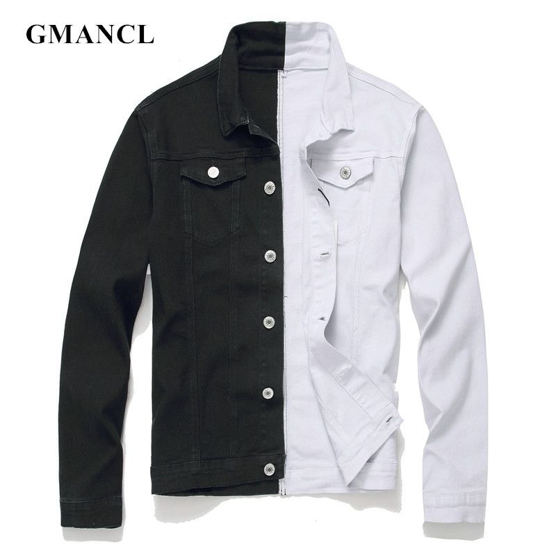 Men Streetwear Black White Two Tone Patchwork Slim Fit Jean Jackets