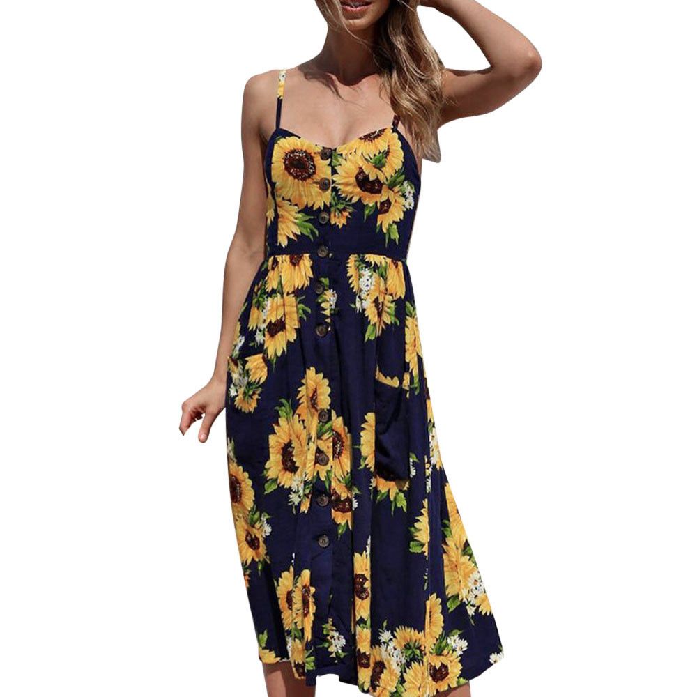 Women Sunflower Printing Dress Pockets Buttons Front Sleeveless Dresses Summer Knee Length Vintage Beach Dress Bf