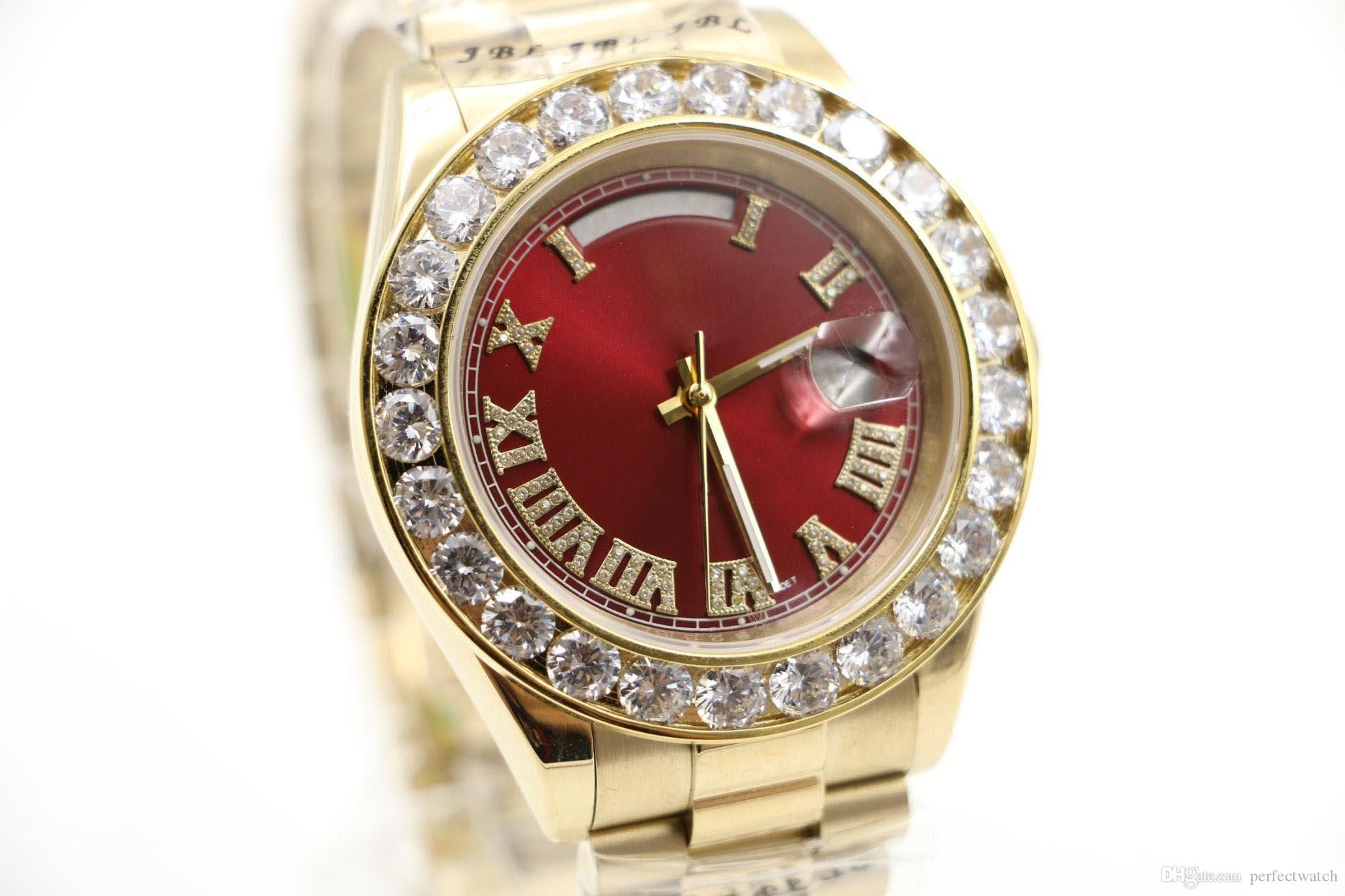 High Quality Yellow Gold Day Date Red Face Big Diamond Watch Men