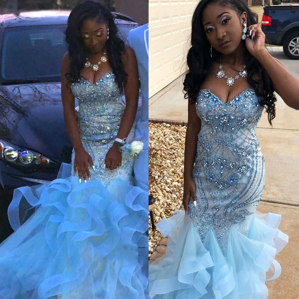 Exquiste Beads Mermaid Prom Dresses 2019 Light Blue Sweetheat