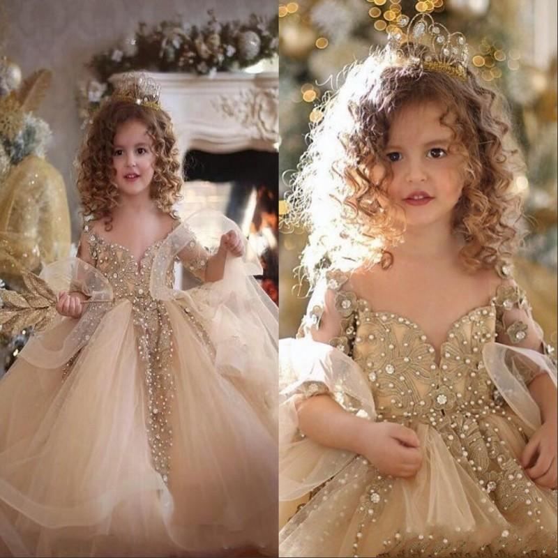 Champagne Lace Appliqued Beaded Flower Girl Dresses Vintage Off