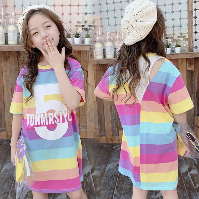 Summer Big Girl Serape Rainbow Dresses Korean Children Striped Casual Beach Frock Kid Cotton Up Back To School Sundress Clothes