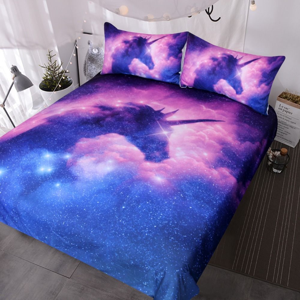 Blessliving Galaxy Unicorn Bedding Set Kids Girls Space Duvet Cover 3 Piece Pink Purple Sparkly Bedspread