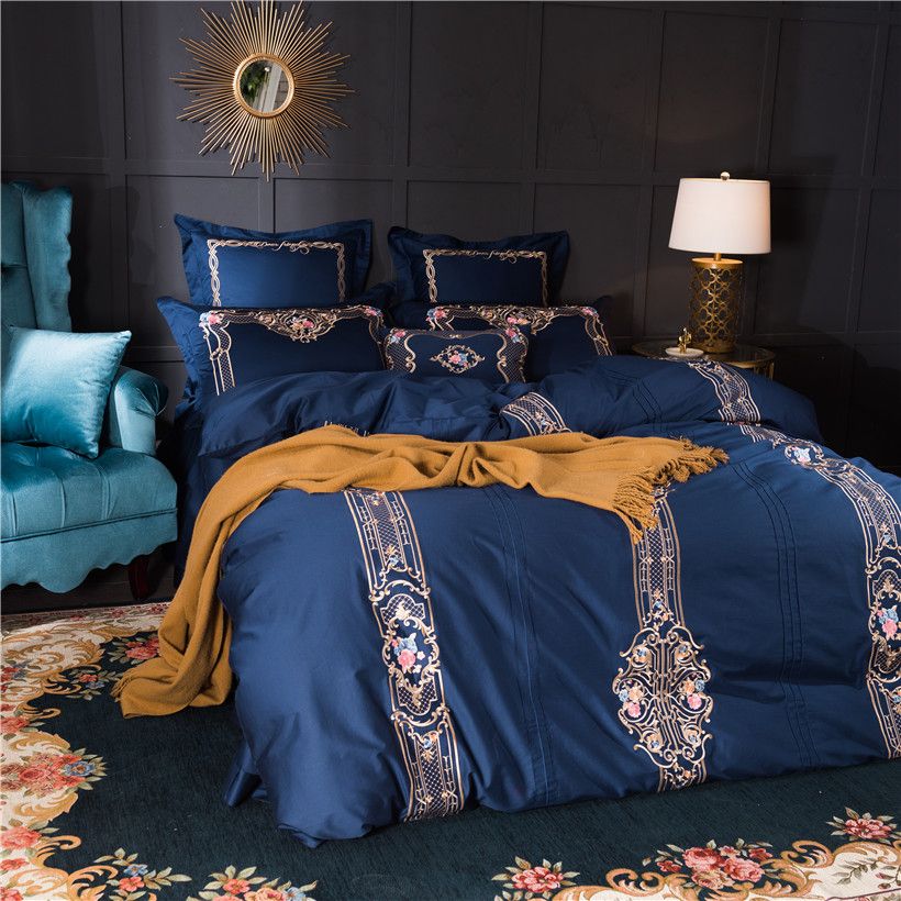 Blue Green 4 7pcs Luxury Royal Bedding Set Egyptian Cotton Double King Queen Size Bedsheet Embroidery Duvet Cover Linens