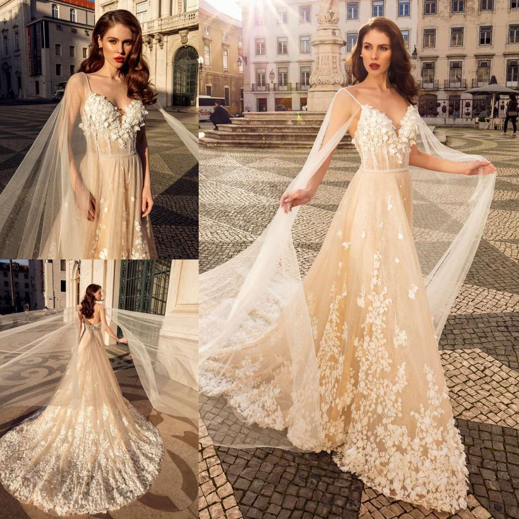 Champagne 2019 Robes De Mariée Bohème 3d Floral Appliqued Dentelle Perles Boho Tulle Plage Sexy Robe De Mariée Cou Cou De Sapghetti