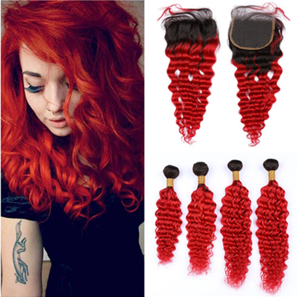 Bright Red Ombre Deep Wave Peruanisches Menschenhaar 4 Bundles Mit Verschluss 1b Red Ombre Deep Wavy Weave Schuss Mit 4x4 Frontverschluss