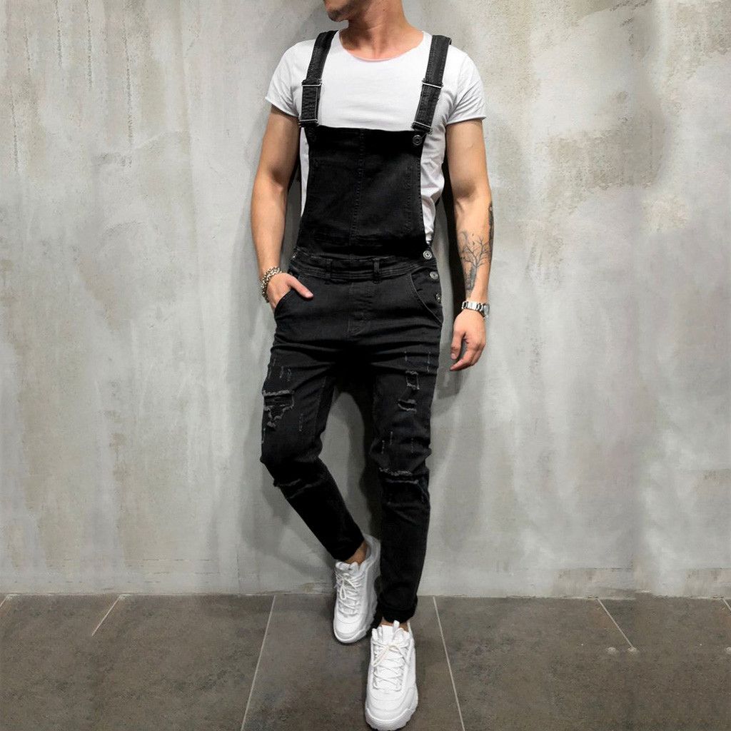 2019 Suspender Pants Men'S Overall Casual Jumpsuit Jeans Wash Broken ...