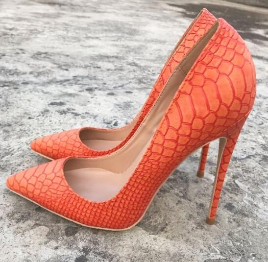 Boca Piel Nueva De En Tacón Mujer 12cm AltoLujo Moda Baja Naranja Zapatos Punta Marca Vestir Aguja Serpiente 3FK1TclJ