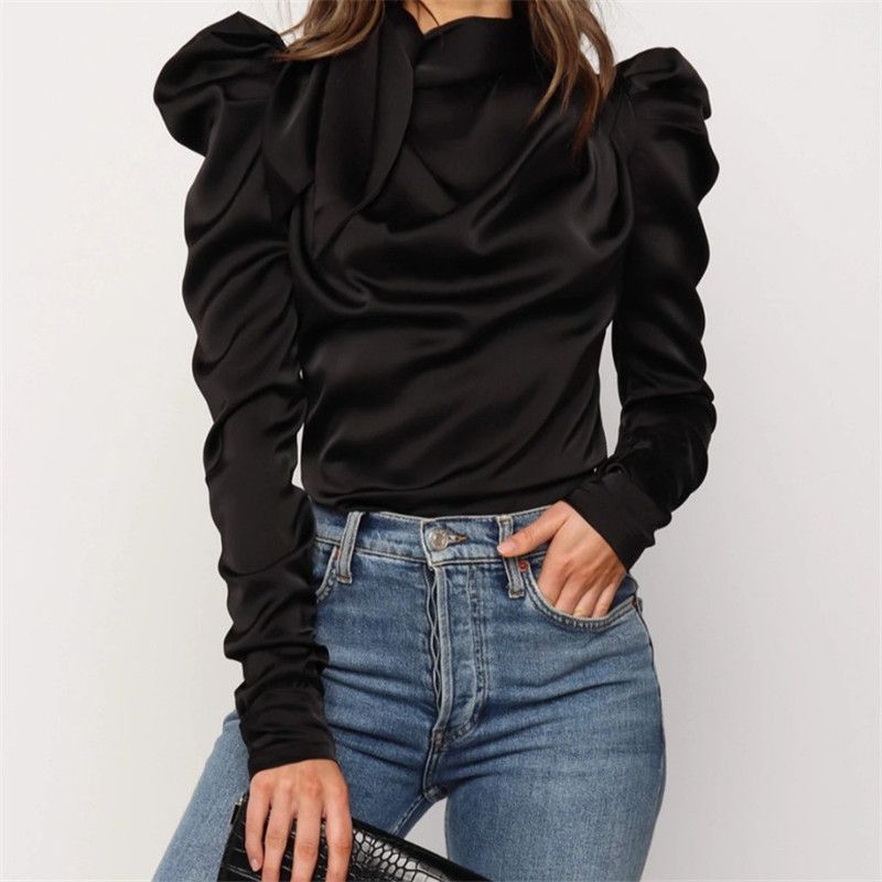2020 Women Satin Blouses Fashion Bow Neck Long Puff Sleeve Black ...