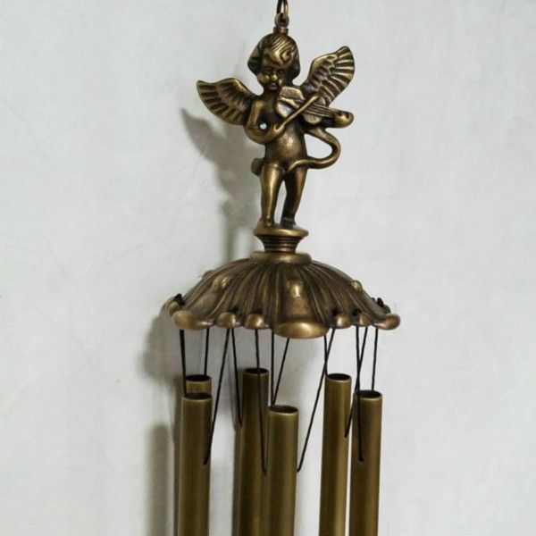 Antique Angel Cast Brass Wind Chimes With 6 Pipes Hanging Metal Copper