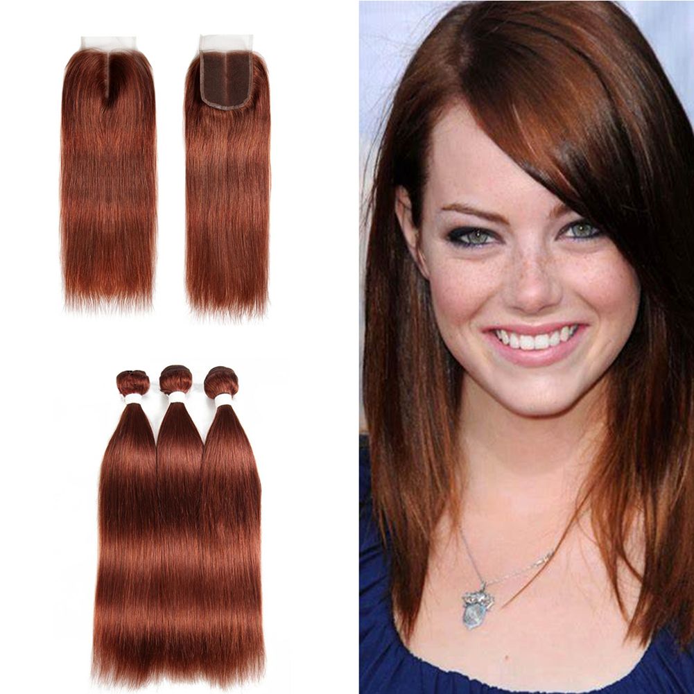 Brown Auburn Color Silky Straight Hair Extensions With Lace