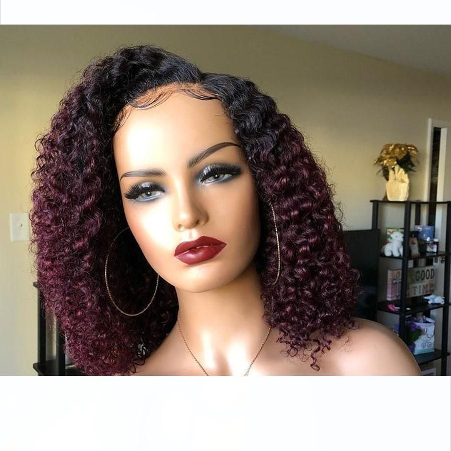 Ombre 1B 99J Curly Lace Front Human Hair Wigs With Bleached Knots
