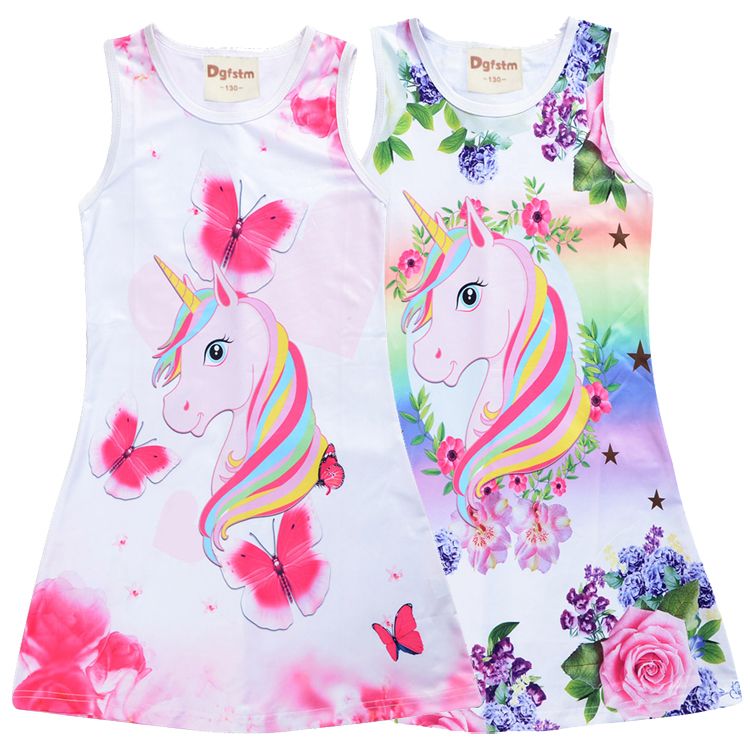 Kids Girls Lovely Unicorn Floral Dresses Sleeveless A Line Dress Clothes 4-9 Y