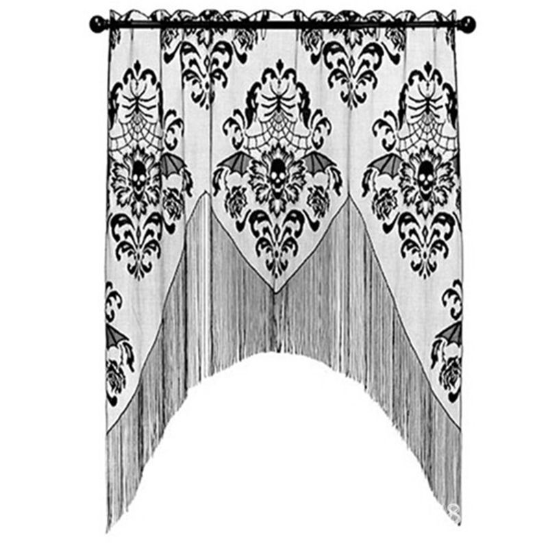 Halloween Black Skull Lace Curtains For Kitchen Sheer Pelmet