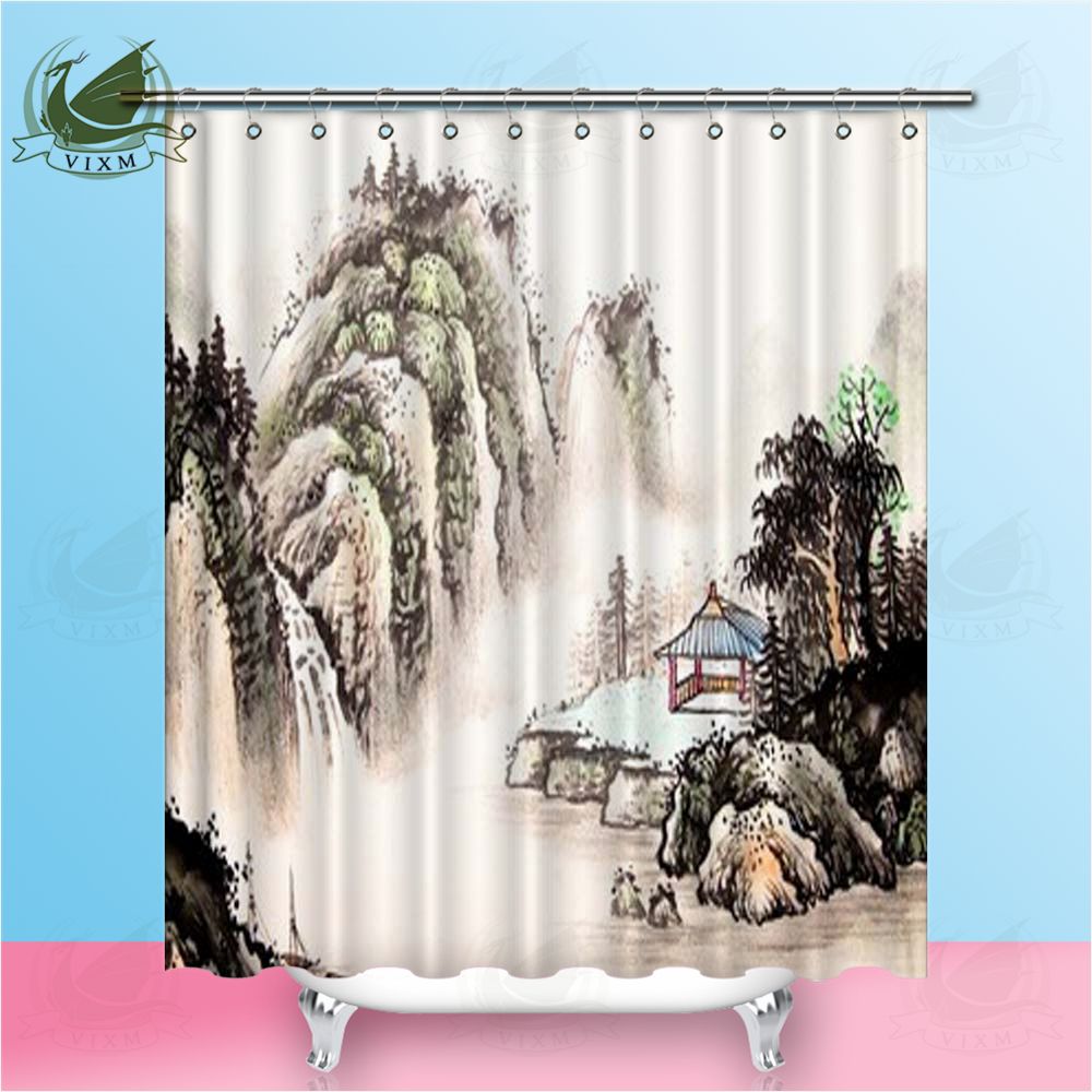 Vixm Chinese Landscape Watercolor Painting Shower Curtains Waterproof Polyester Fabric For Home Decor