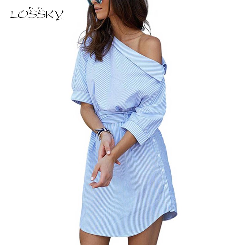 2020 Summer Woman Dress Blue Striped Shirt Short Dress Mini Sexy Side