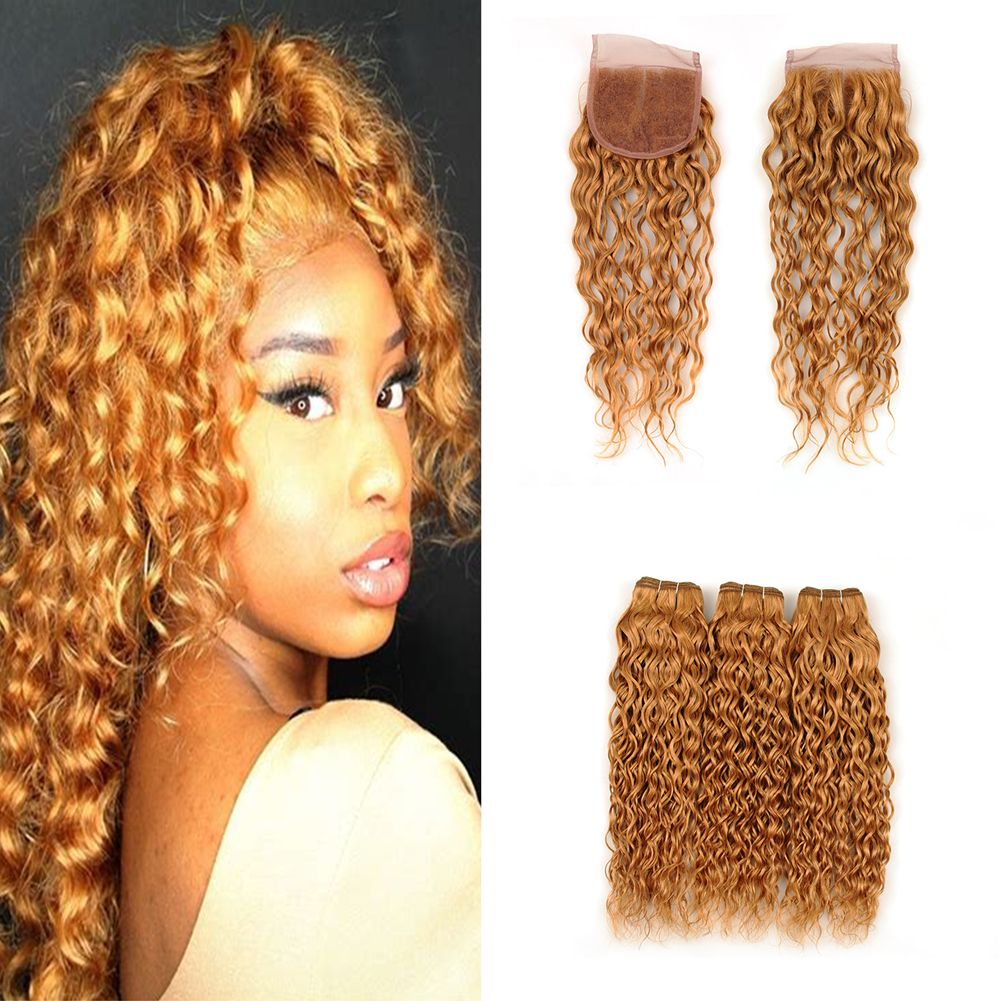 pure colored 27 wet and wavy lace closure with hair weaves water wave  3bundles extensions with lace closure