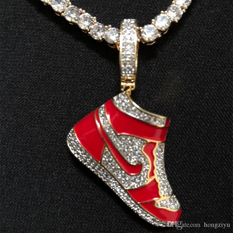Whole Red Running Shoes Pendant With Tennis Chain Gold Color Aaa Whole Red Running Shoes Pendant With Tennis Chain Gold Color Aaa Cubic Zircon Men S Hip Hop Necklace Jewelry For Fashion Emerald