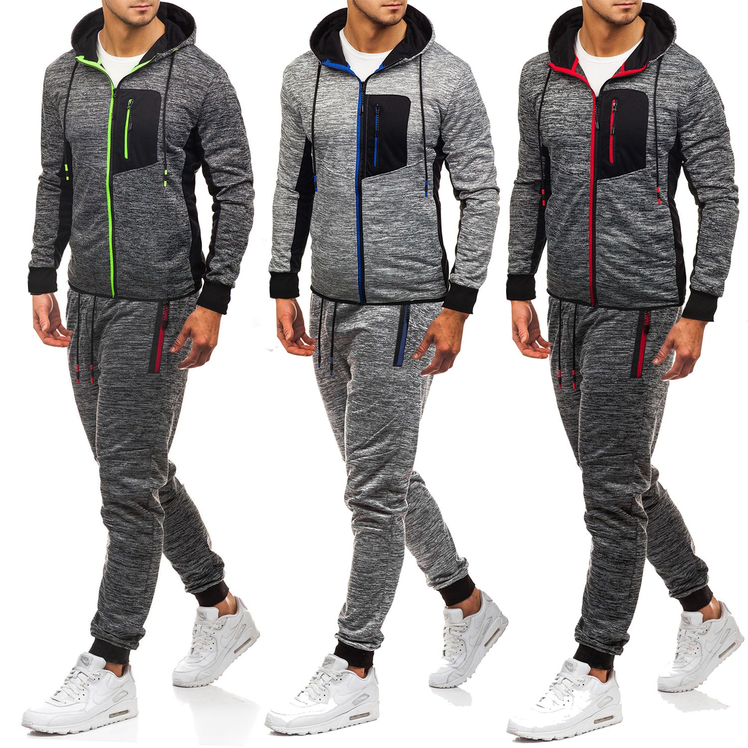 Men Autumn Winter Leisure Suit Hollow Hole Sweatshirt Tops Pant Set Tracksuit L