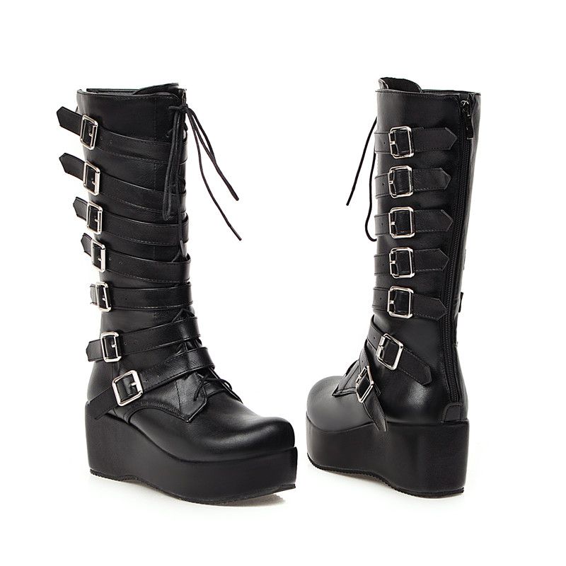 YMECHIC Winter Gothic Punk Womens Platform Boots Black