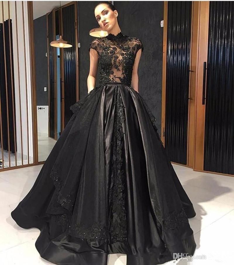 Black Prom Dress High Neck Cap Sleeve Handmade Appliques Lace Satin ...