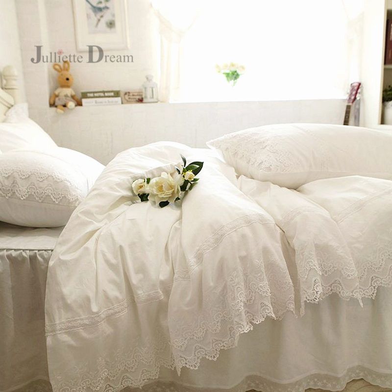 White Luxury Lace Bedding Set Embroidery Layers Ruffle Duvet Cover Bed Sheet Bedspread Skirt Coverlets Wedding Decorative