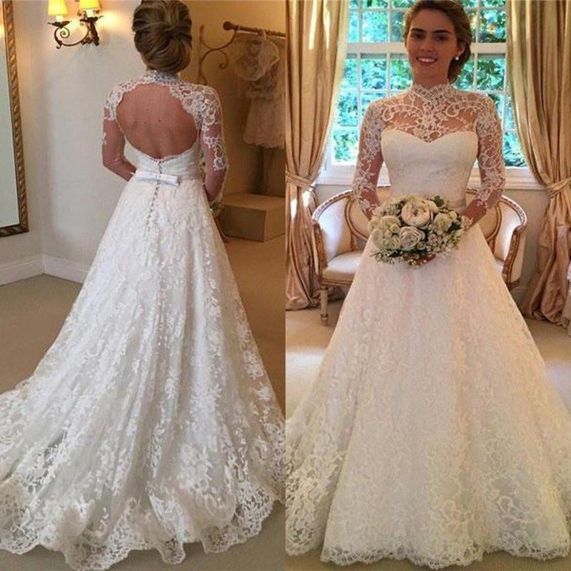 compre vestidos de novia de encaje de cuello alto vintage manga