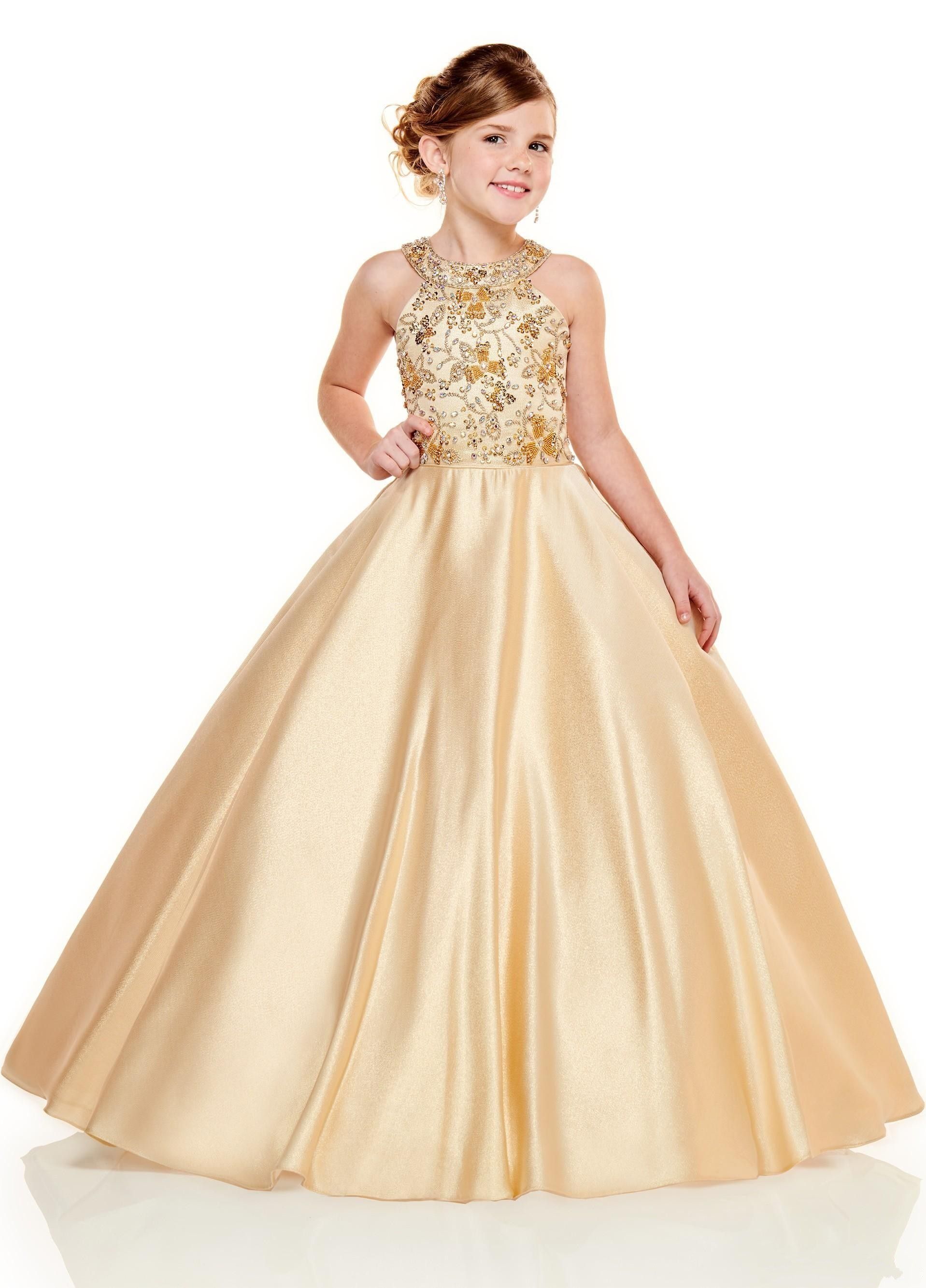 New Lovely Gold Lilac Flower Girl Dresses For Weddings Satin Lace Appliques Beads Sleeveless 
