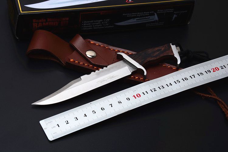 Small Rambo III Survival Straight Knife 440C Satin Blade Wood Handle