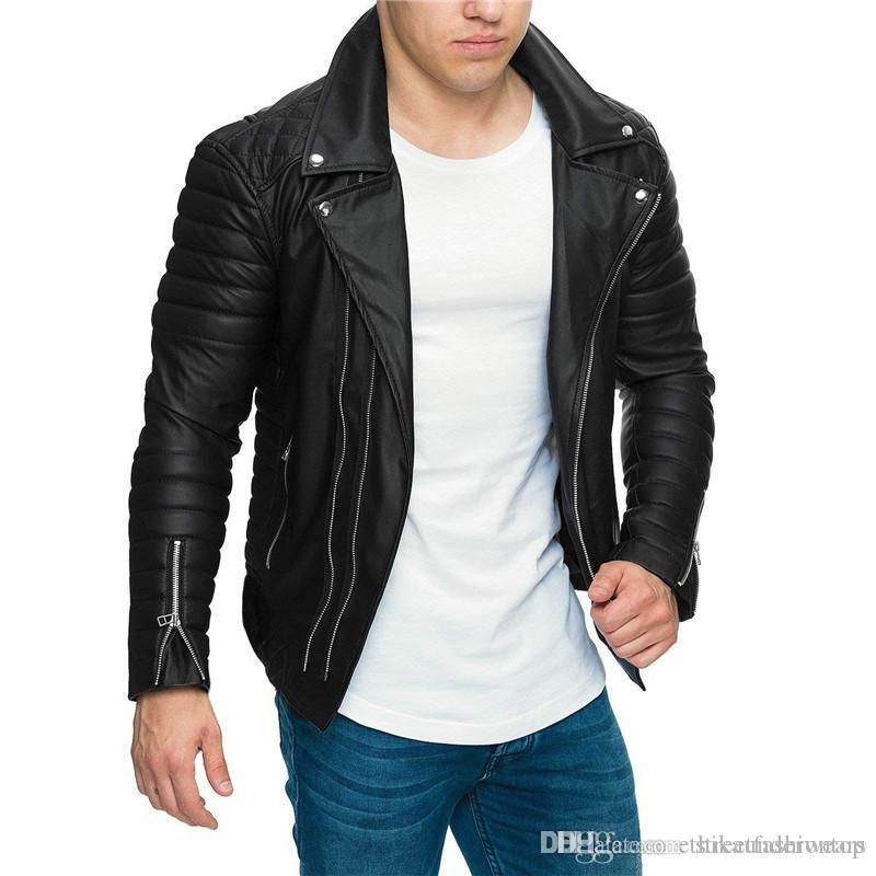 Mens Designer PU Leather Jacket Motorbiker Turndown Collar Zippers Slim Fit Coats Jackets Coats ...