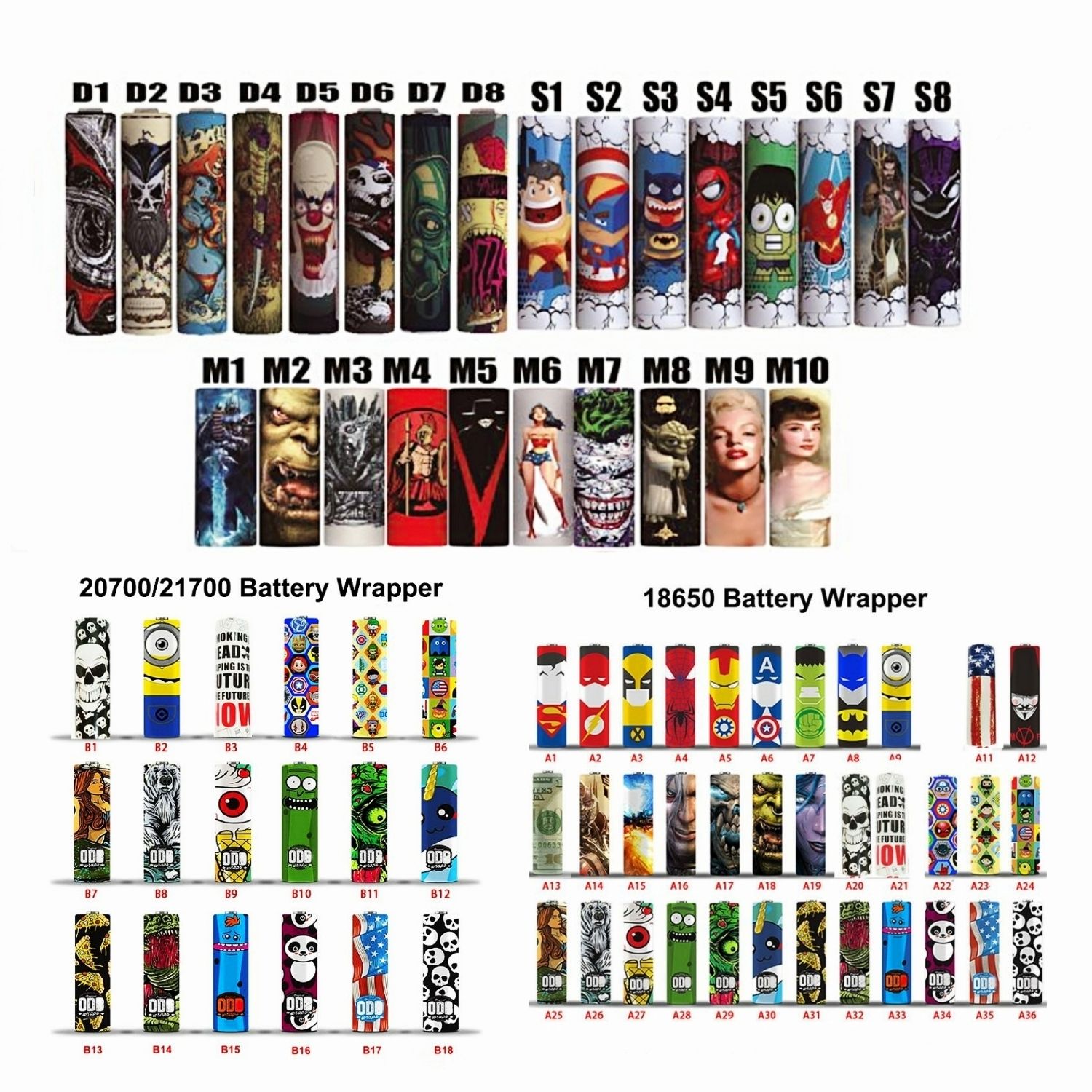 100 Designs For 18650 20700 21700 Battery Wraps PVC