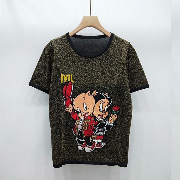 2019 summer fashion two piglet pattern thin section ultra-fine gold thread knitted short-sleeved sweater women good quality is not tied