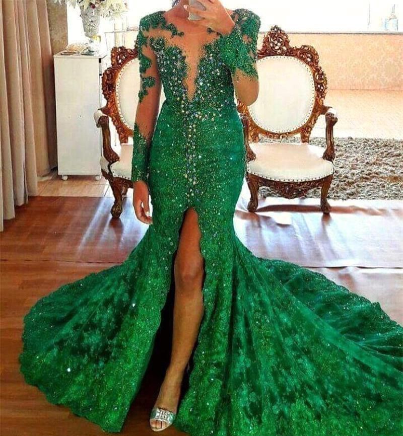 Mermaid Long Sleeves Prom Dresses Emerald Green Appliques Split Pageant ...