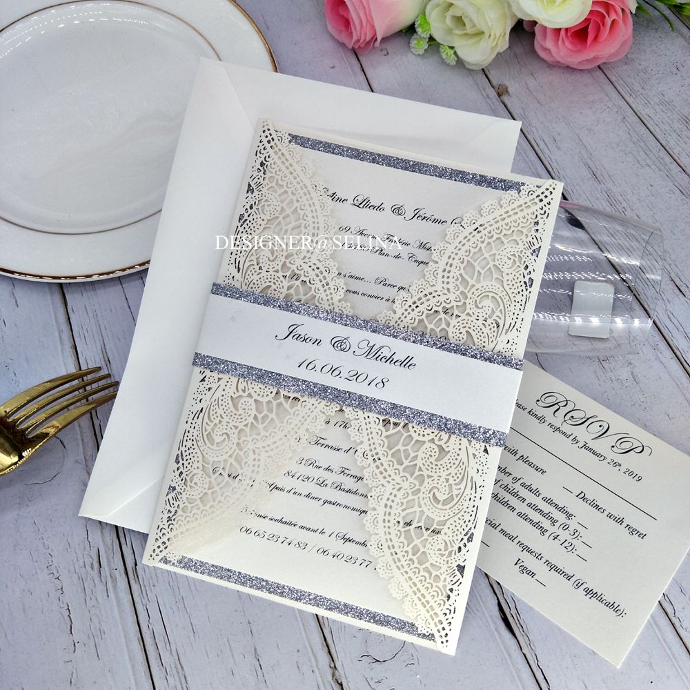 Lace Wedding Invitations With Silver Bottom And Band Ivory Shimmy