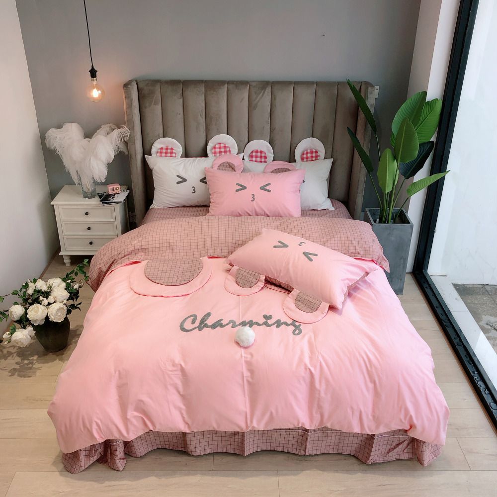 Cute Bear Ears Pink Bedding Set Twin Queen King Size 100 Cotton Duvet Cover Bed Sheets Pillowcase For Kids Teen Girl Or