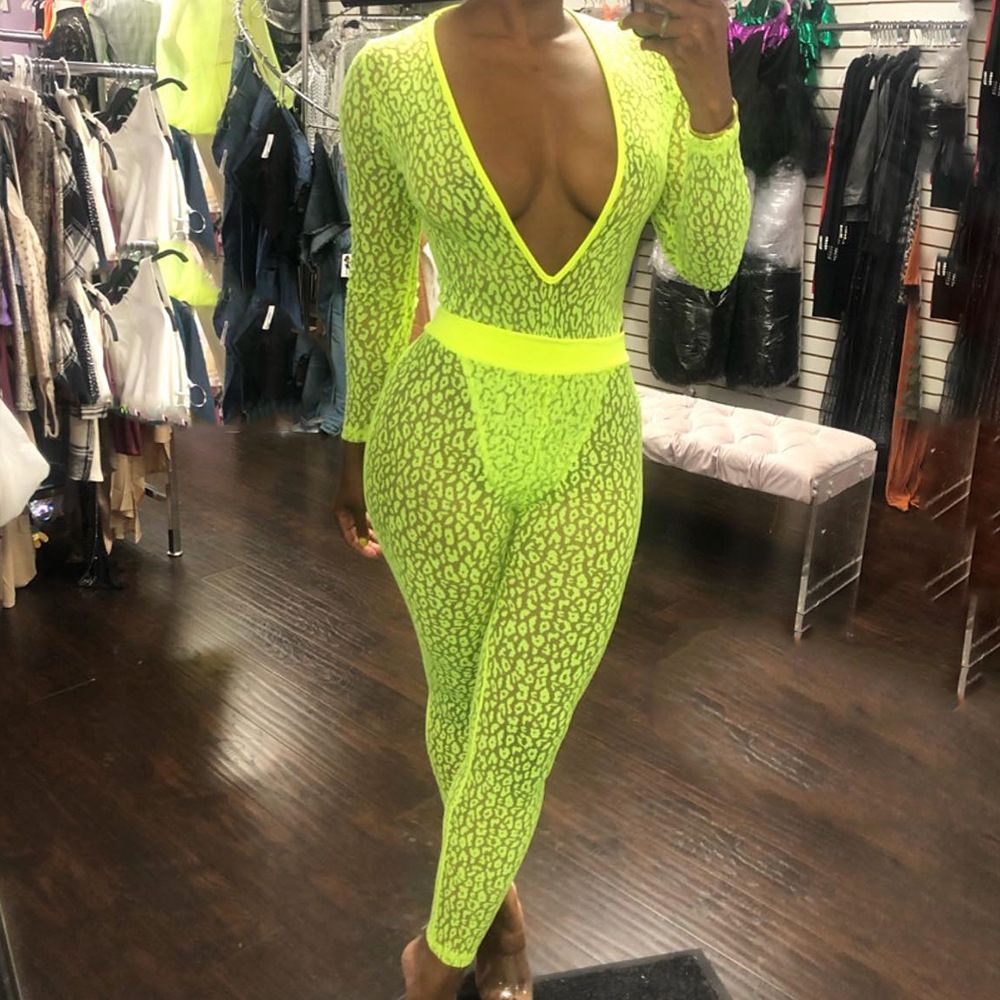 2020 SKMY Neon Green V Neck Lace Mesh Bodysuit Solid Color Long Sleeve