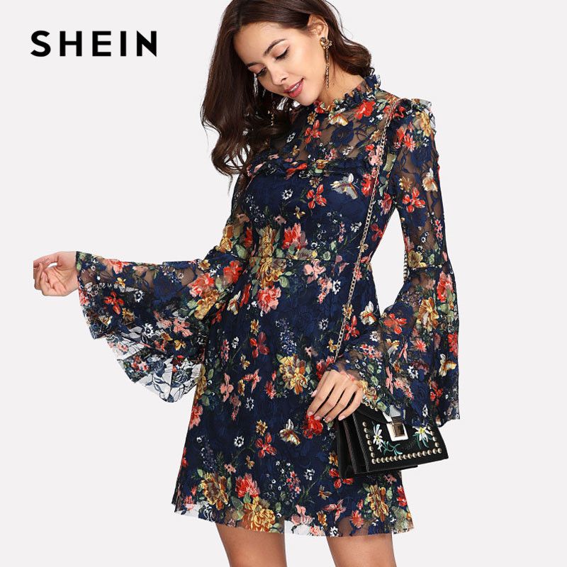Manches Swing Dos Line Longues Calicot Floral À Robe Imprimée A Été Imprimé Découpes Printemps Shein Multicolore Au Fleurs D PkiuXZ
