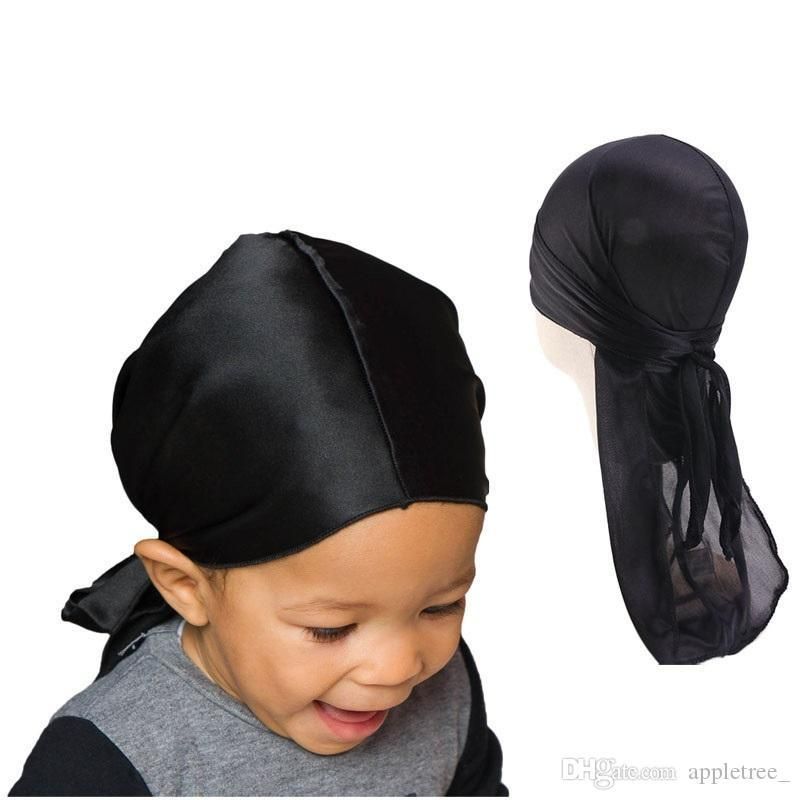 Kids Children Baby Silky Durag For Girls Boys Designer Long Tail Headwraps Pirate Cap Satin Du