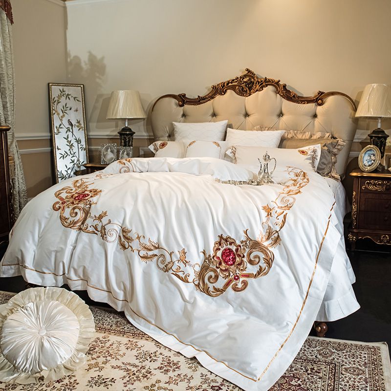 Embroidery Egyptian Cotton Luxury White Bedding Set Queen King Size