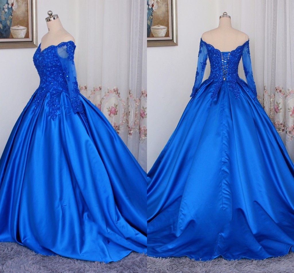 Lace Ball Gown Prom Dresses Off The Shoulder Illusion Long Sleeve ...