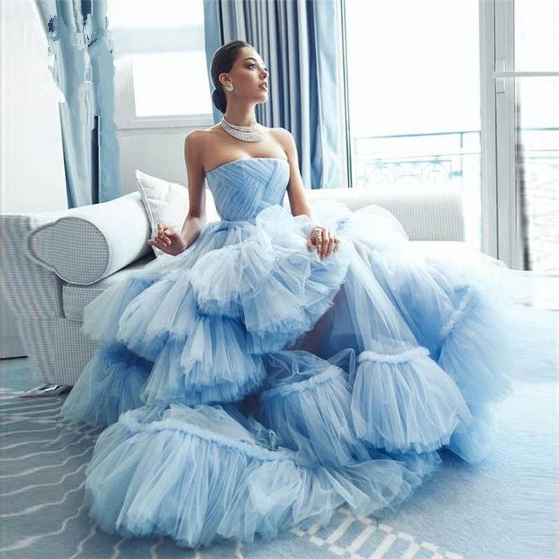 Puffy Sky Blue Ruffles Tiered Tutu Prom Dresses Off The Shoulder Long
