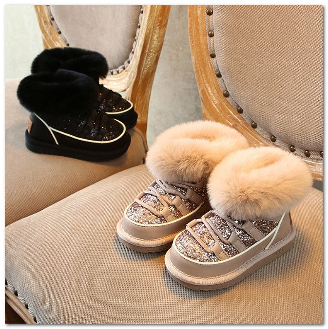 Kids Winter Warm Snow Boots Fashion Girls New Leather Rabbit Bow Princess Shoes