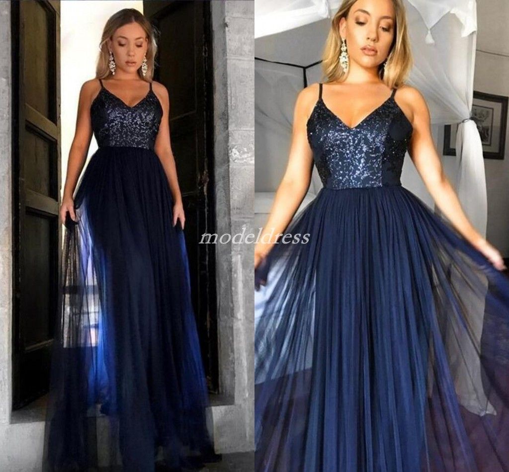 Dark Navy Bridesmaid Dresses Spaghetti Floor Length Sequined Garden
