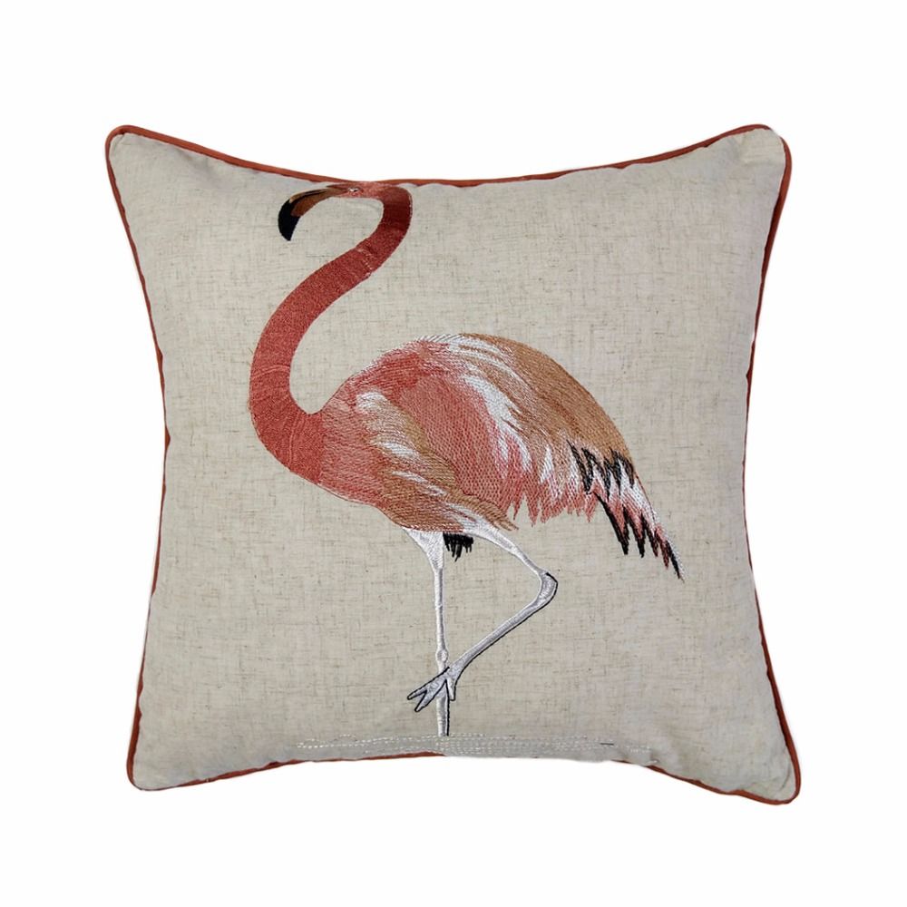 Deluxe Embroidery Flamingo Designer Bird Pillow Case Sofa Cushion Deluxe Embroidery Flamingo Designer Bird Pillow Case Sofa Cushion Cover Linen Poly Home Bedding Decorative Pillowcase 18x18 By Piece