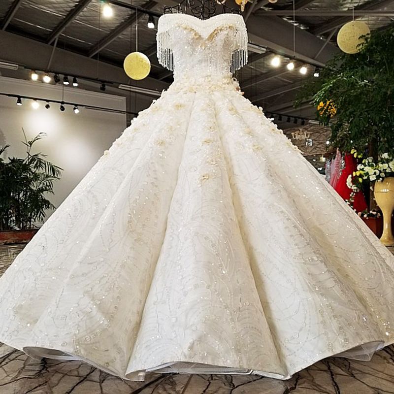2019 Robe De Mariée De Luxe Perlé Chérie Hors épaule Robe De Bal Dentelle Jusqu à Retour Robes De Mariée Mariée Cristal Longueur De Plancher De Gland
