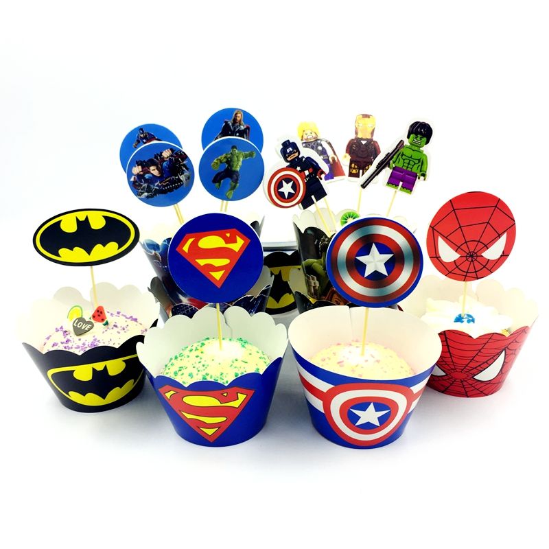 Superhero Avengers Cupcake Wrappers Cake Toppers Spiderman Batman