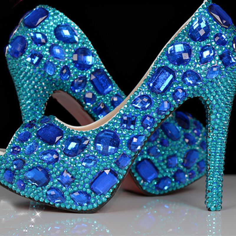 Peep Toe Blue Rhinestone Wedding Shoes Platform Diamond Bling High Heel ...